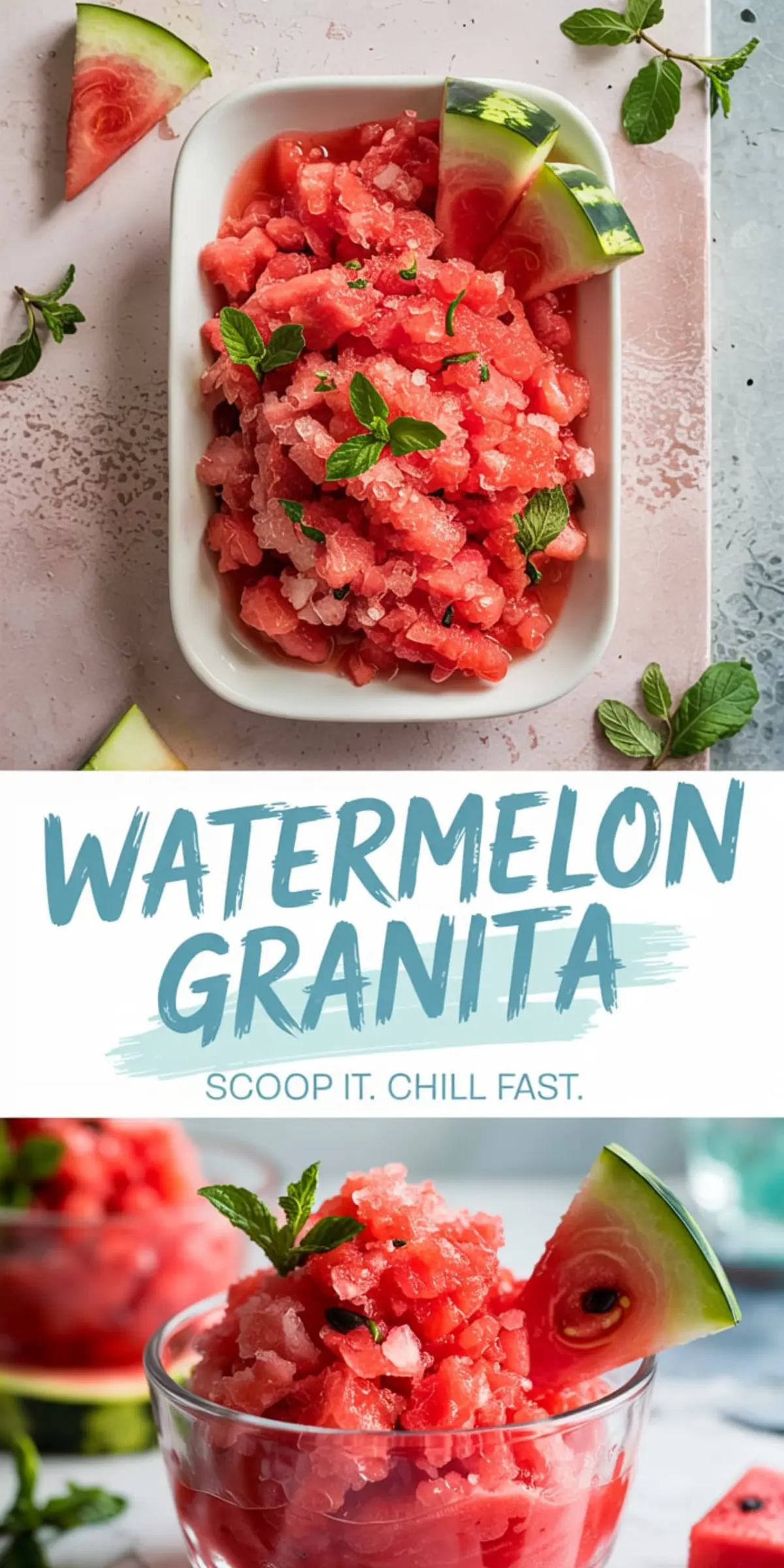 Collage showing a white dish of watermelon granita topped with mint and watermelon slices, a text graphic reading “Watermelon Granita – Scoop it. Chill fast,” and a glass bowl filled with granita, mint sprig, and a watermelon wedge on a cool-toned surface.