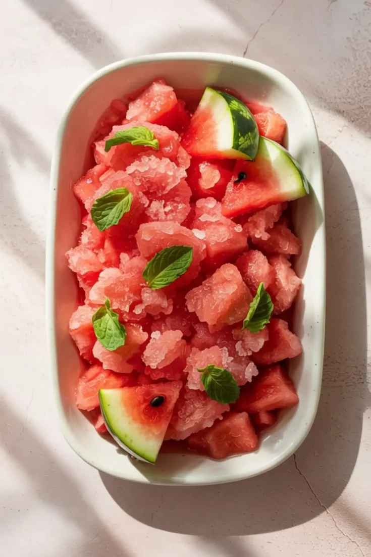 Rectangular white dish filled with watermelon granita, garnished with fresh mint leaves and watermelon wedges, placed on a sunlit textured surface with soft shadows.