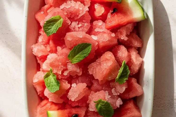 Rectangular white dish filled with watermelon granita, garnished with fresh mint leaves and watermelon wedges, placed on a sunlit textured surface with soft shadows.