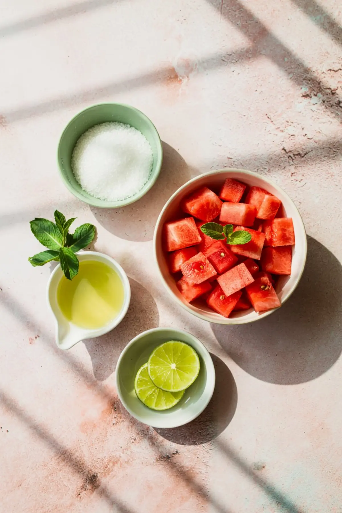 Flat lay of granita ingredients including cubed watermelon, fresh lime slices, granulated sugar, fresh mint sprigs, and lemon juice in small pastel bowls on a peach-toned surface with diagonal shadows.