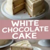 Three-layer white chocolate cake with vanilla buttercream frosting, shown with a cut slice revealing a moist, golden crumb and smooth frosting between layers. The collage includes a close-up of the plated slice and a top-down view of the full cake on a white stand, emphasizing the swirl design on the frosting and clean layers.