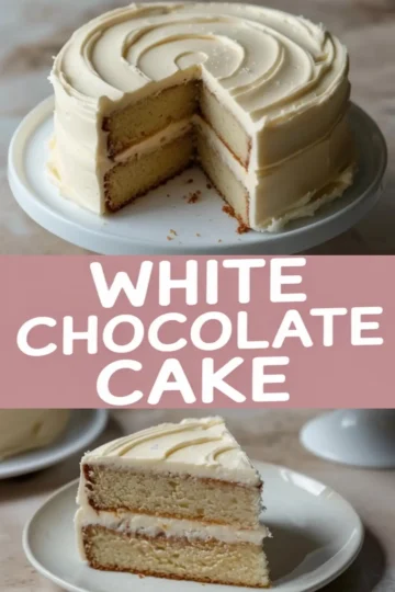 Three-layer white chocolate cake with vanilla buttercream frosting, shown with a cut slice revealing a moist, golden crumb and smooth frosting between layers. The collage includes a close-up of the plated slice and a top-down view of the full cake on a white stand, emphasizing the swirl design on the frosting and clean layers.