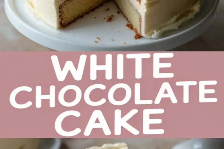 Three-layer white chocolate cake with vanilla buttercream frosting, shown with a cut slice revealing a moist, golden crumb and smooth frosting between layers. The collage includes a close-up of the plated slice and a top-down view of the full cake on a white stand, emphasizing the swirl design on the frosting and clean layers.