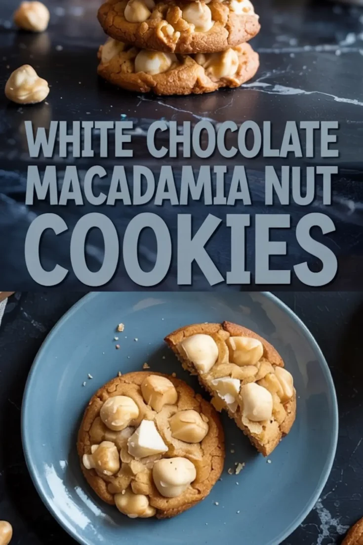 White chocolate macadamia nut cookies on a dark countertop, featuring a stack of golden cookies and a halved cookie on a blue plate. The cookies have a rich, soft texture and are generously filled with whole macadamia nuts and white chocolate pieces.