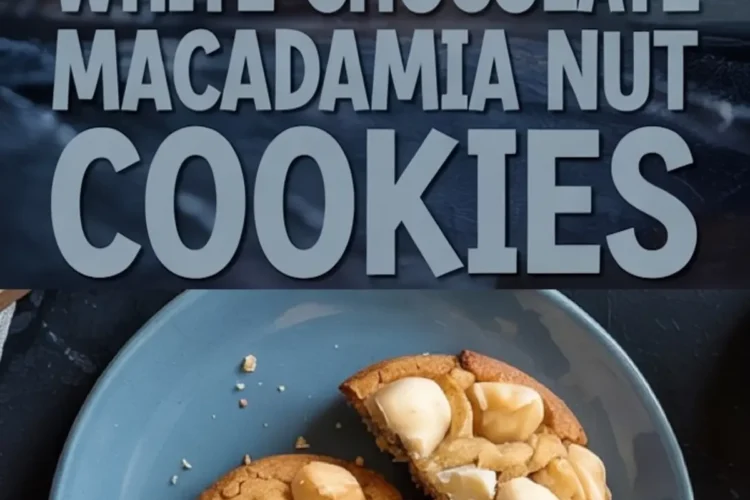 White chocolate macadamia nut cookies on a dark countertop, featuring a stack of golden cookies and a halved cookie on a blue plate. The cookies have a rich, soft texture and are generously filled with whole macadamia nuts and white chocolate pieces.