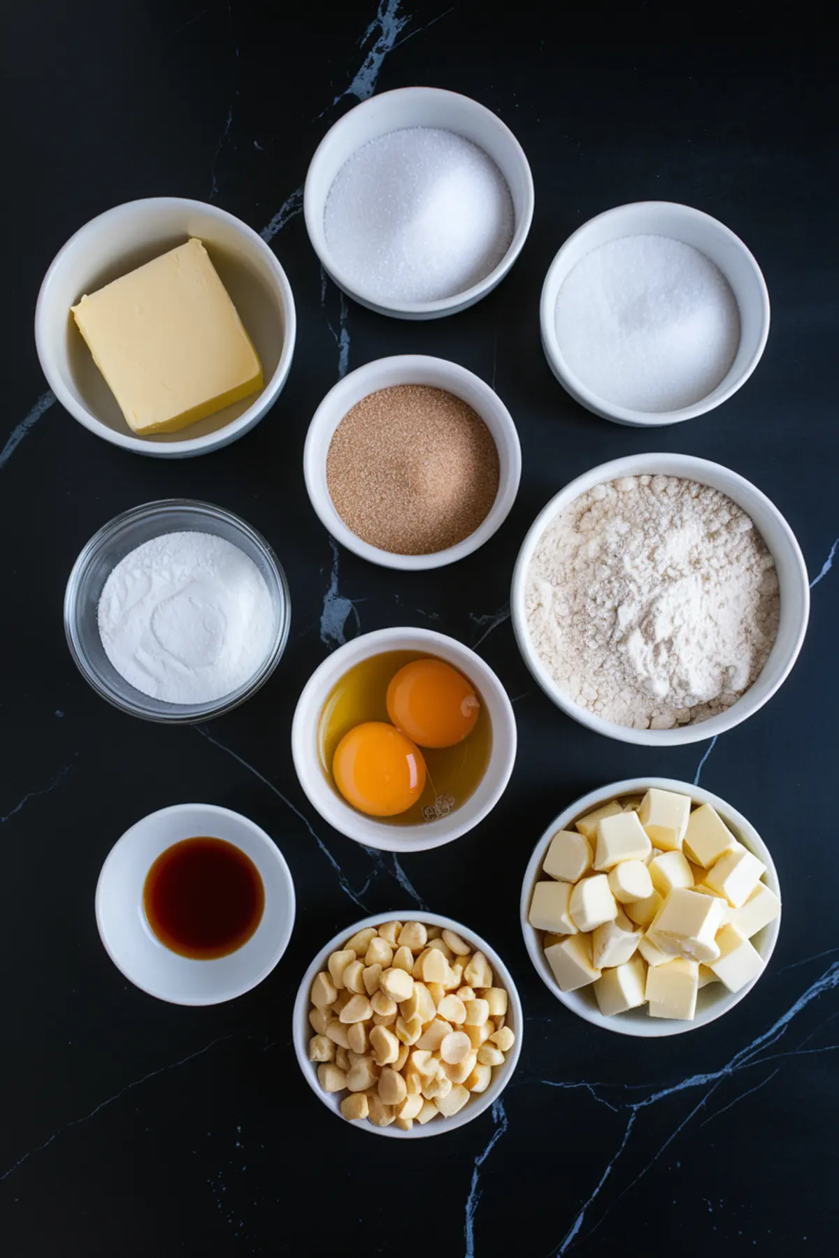 Flat lay of white chocolate macadamia cookie ingredients in small bowls on a dark surface. Ingredients include flour, eggs, butter, sugar, brown sugar, baking soda, vanilla extract, white chocolate chunks, and macadamia nuts.