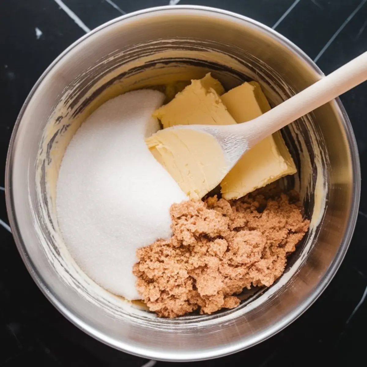 Overhead view of a mixing bowl with creamed butter, white sugar, and brown sugar being blended with a wooden spoon, showing the start of cookie dough preparation for white chocolate macadamia nut cookies.
