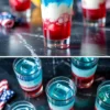 Layered red, white, and blue 4th of July cocktails in clear glasses on a dark marble surface, with the top image showing a creamy middle layer and the bottom image featuring ice cubes in the vibrant drinks, capturing festive patriotic drink ideas.