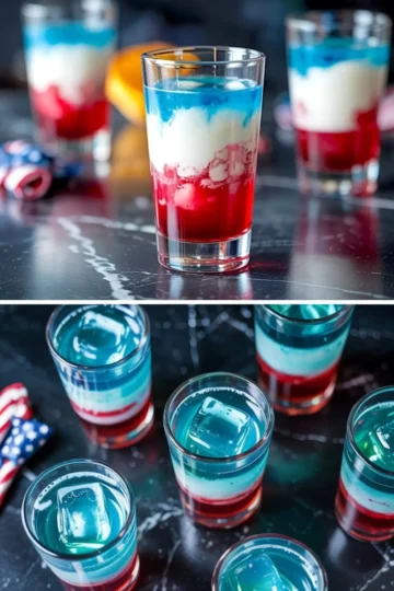 Layered red, white, and blue 4th of July cocktails in clear glasses on a dark marble surface, with the top image showing a creamy middle layer and the bottom image featuring ice cubes in the vibrant drinks, capturing festive patriotic drink ideas.
