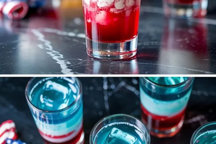 Layered red, white, and blue 4th of July cocktails in clear glasses on a dark marble surface, with the top image showing a creamy middle layer and the bottom image featuring ice cubes in the vibrant drinks, capturing festive patriotic drink ideas.