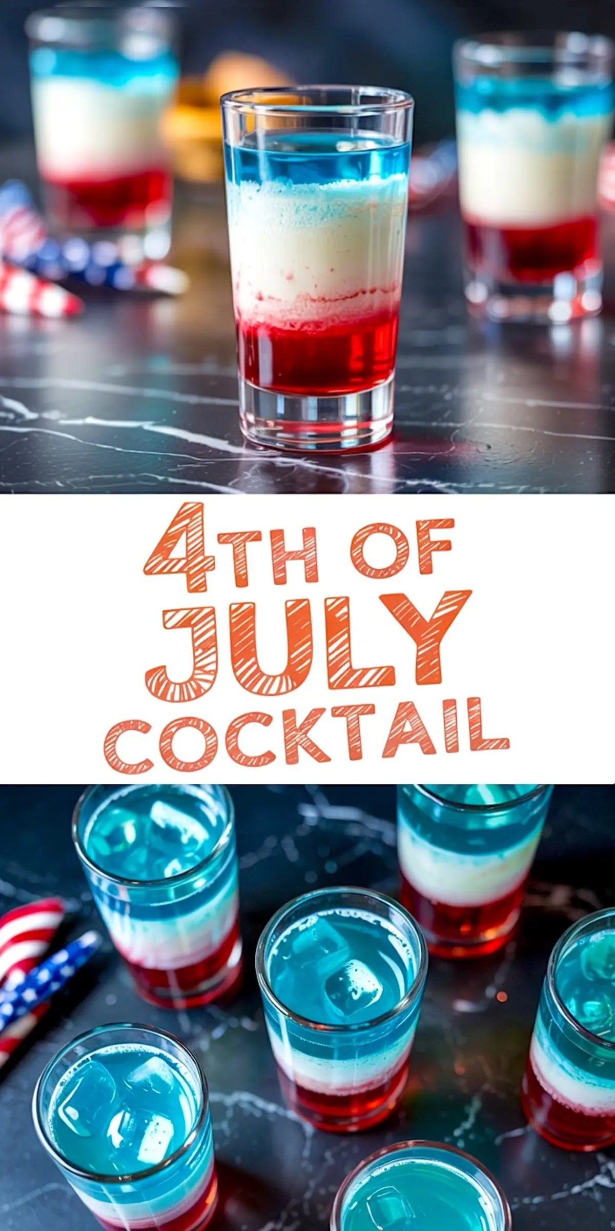 Patriotic 4th of July cocktail collage with a red, white, and blue drink in the top image, bold “4th of July Cocktail” text in the middle, and an overhead view of colorful drinks with ice cubes in the bottom image, ideal for holiday drink inspiration.
