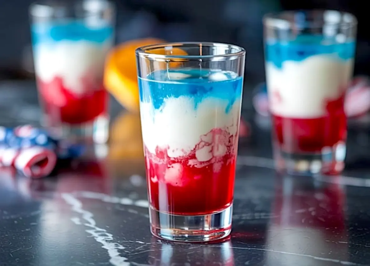 Close-up of a vibrant red, white, and blue layered cocktail in a clear glass with ice, set on a dark marble surface, surrounded by similarly styled drinks, perfect for Independence Day celebrations.