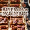 Maple bourbon pecan pie bars cut into squares and displayed on parchment paper, showing rich brown filling and crisp edges topped with whole pecans, with a close-up capturing the dense, syrupy interior.