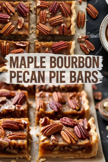 Maple bourbon pecan pie bars cut into squares and displayed on parchment paper, showing rich brown filling and crisp edges topped with whole pecans, with a close-up capturing the dense, syrupy interior.