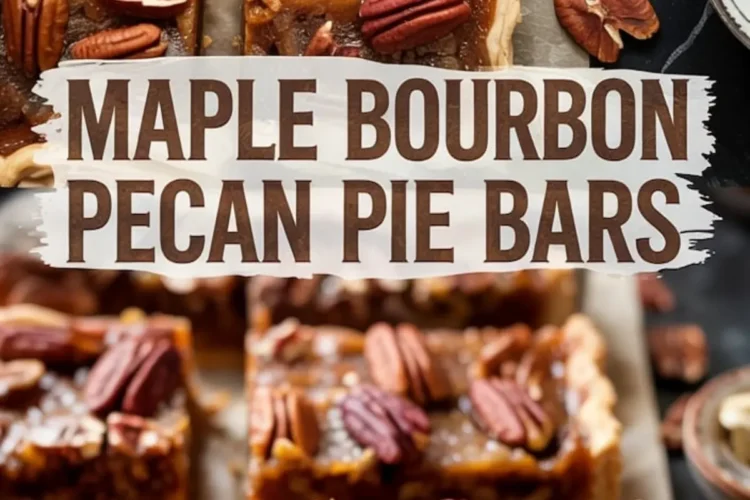 Maple bourbon pecan pie bars cut into squares and displayed on parchment paper, showing rich brown filling and crisp edges topped with whole pecans, with a close-up capturing the dense, syrupy interior.