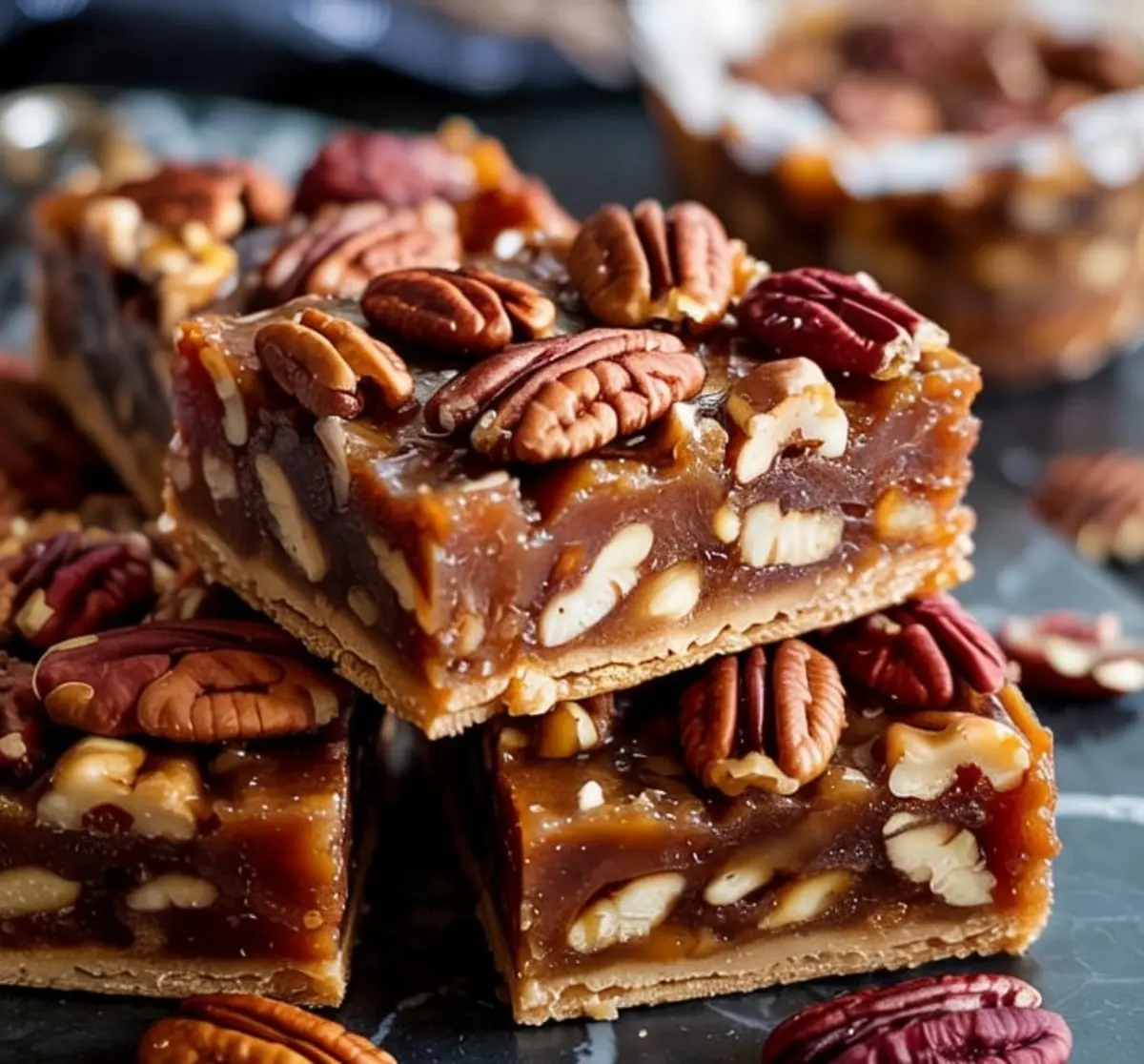 Close-up of maple bourbon pecan pie bars stacked on a dark surface, revealing thick, glossy filling packed with chopped and whole pecans layered over a firm shortbread crust.