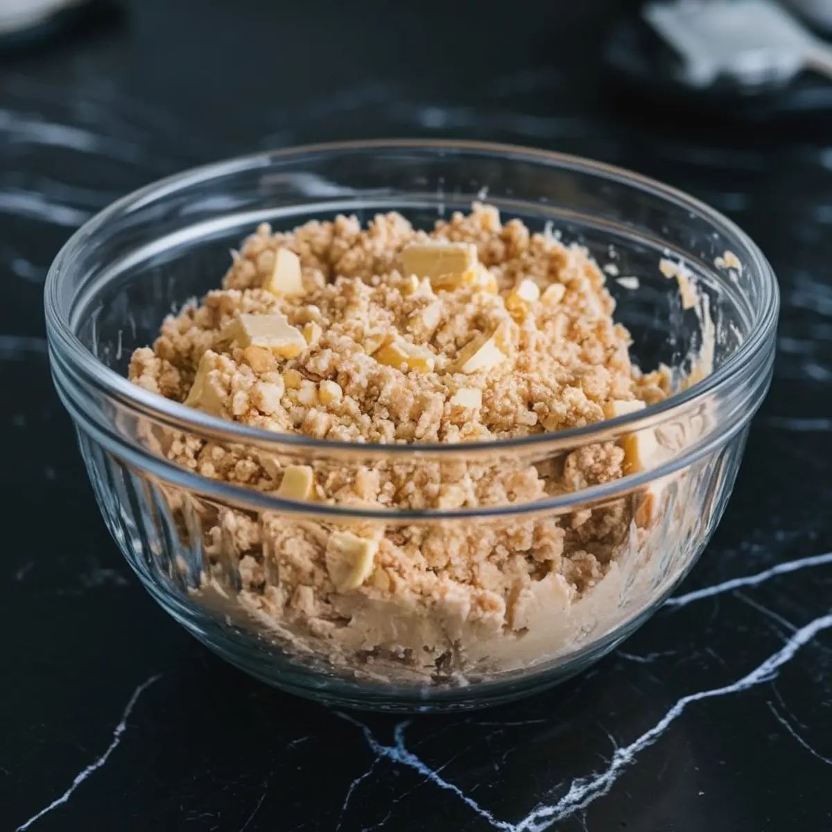 Glass bowl filled with crumbly shortbread dough with visible butter chunks, set on a dark marble countertop, prepared as the base layer for pecan pie bars.
