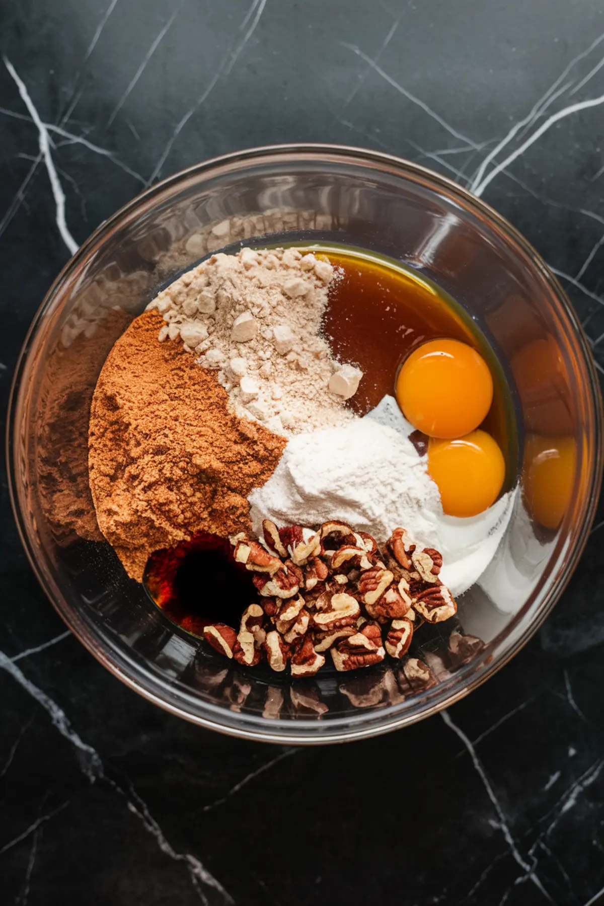 Overhead view of a glass bowl containing raw ingredients including eggs, brown sugar, chopped pecans, flour, cinnamon, and maple syrup, ready to be mixed for the pecan pie bar filling.