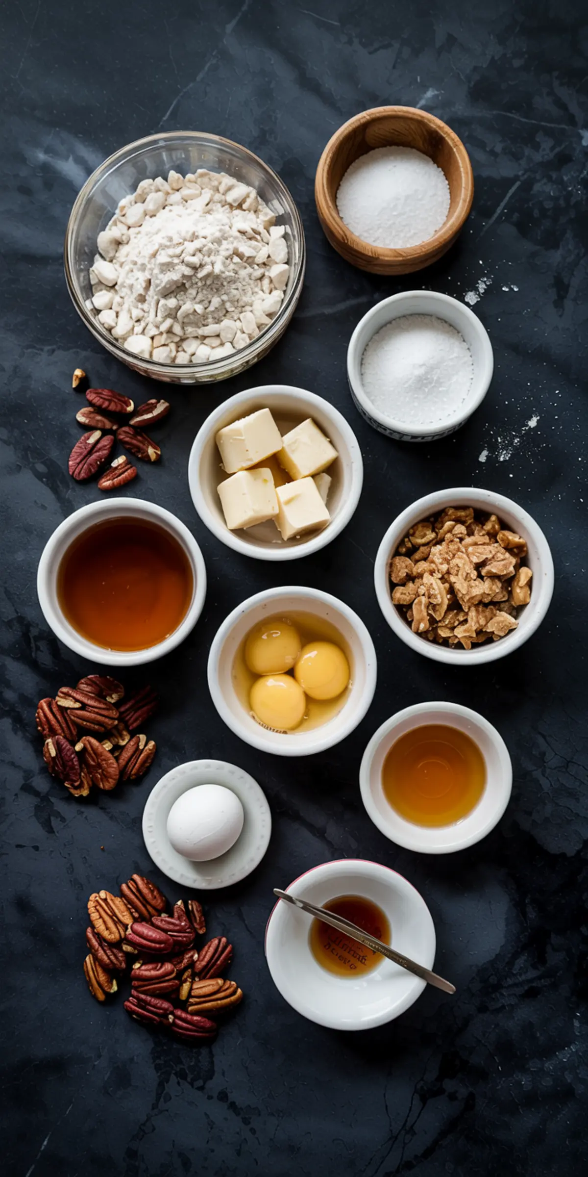 Alt text: A dark marble-like surface displays an assortment of baking ingredients arranged in a visually organized manner. At the top, a glass bowl contains flour, flanked by a wooden bowl of salt and a small white bowl of sugar to the right. Below, a small white bowl holds cubes of butter, followed by a bowl of chopped nuts. Two small bowls of eggs and two bowls of honey or syrup, one with a spoon, are included. A whole egg rests on a small plate, with scattered pecans around the edges, suggesting preparation for a baking recipe like a nutty sweet dough or pastry.