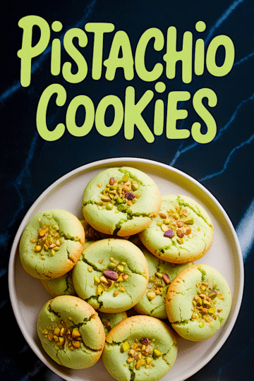 Overhead view of green pistachio cookies with cracked tops and chopped nuts, arranged on a white plate with bold text reading “Pistachio Cookies” on a dark marble surface.