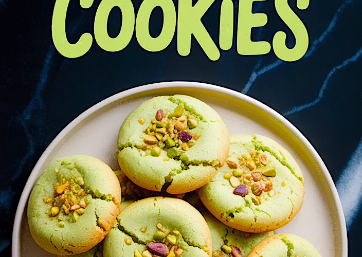 Overhead view of green pistachio cookies with cracked tops and chopped nuts, arranged on a white plate with bold text reading “Pistachio Cookies” on a dark marble surface.