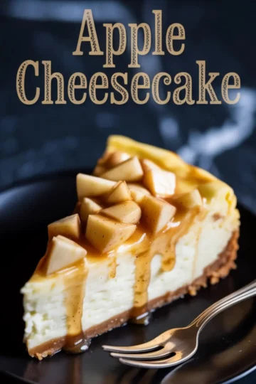 Collage showing a whole apple cheesecake topped with caramelized apples and a single slice served on a black plate, with the text “Apple Cheesecake” in the center over a dark background.