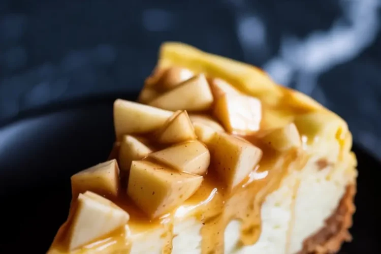 Collage showing a whole apple cheesecake topped with caramelized apples and a single slice served on a black plate, with the text “Apple Cheesecake” in the center over a dark background.