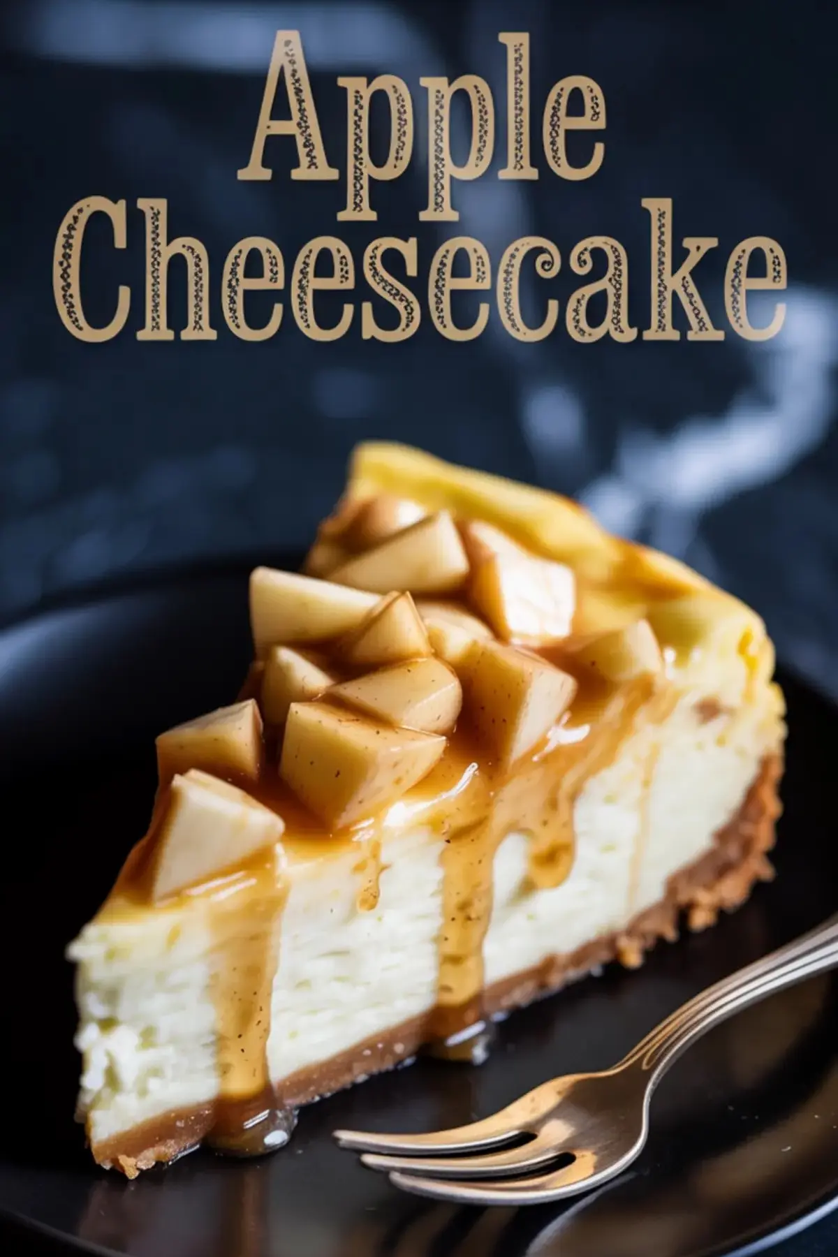 Collage showing a whole apple cheesecake topped with caramelized apples and a single slice served on a black plate, with the text “Apple Cheesecake” in the center over a dark background.