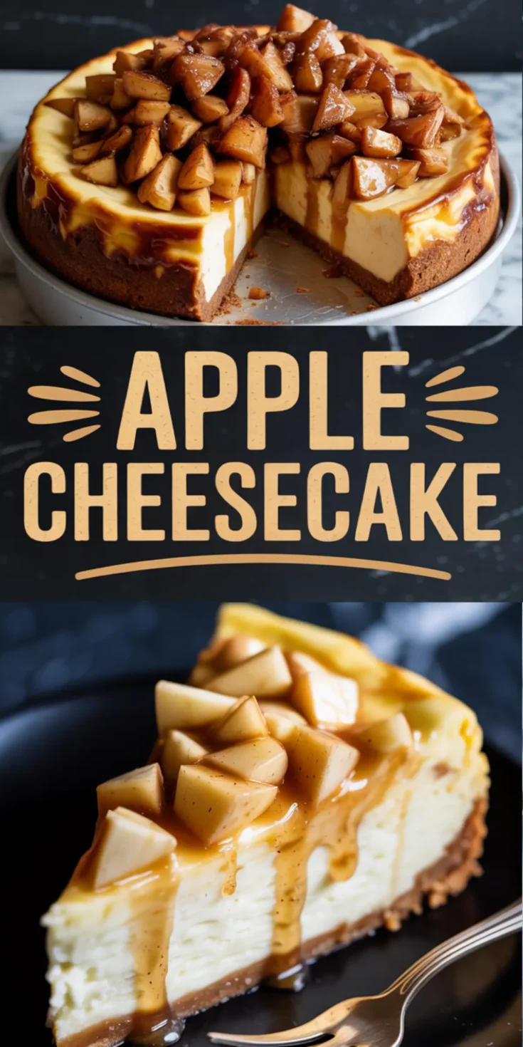 Close-up of a slice of apple cheesecake on a black plate, topped with diced cinnamon apples and golden caramel sauce dripping over a graham cracker crust.