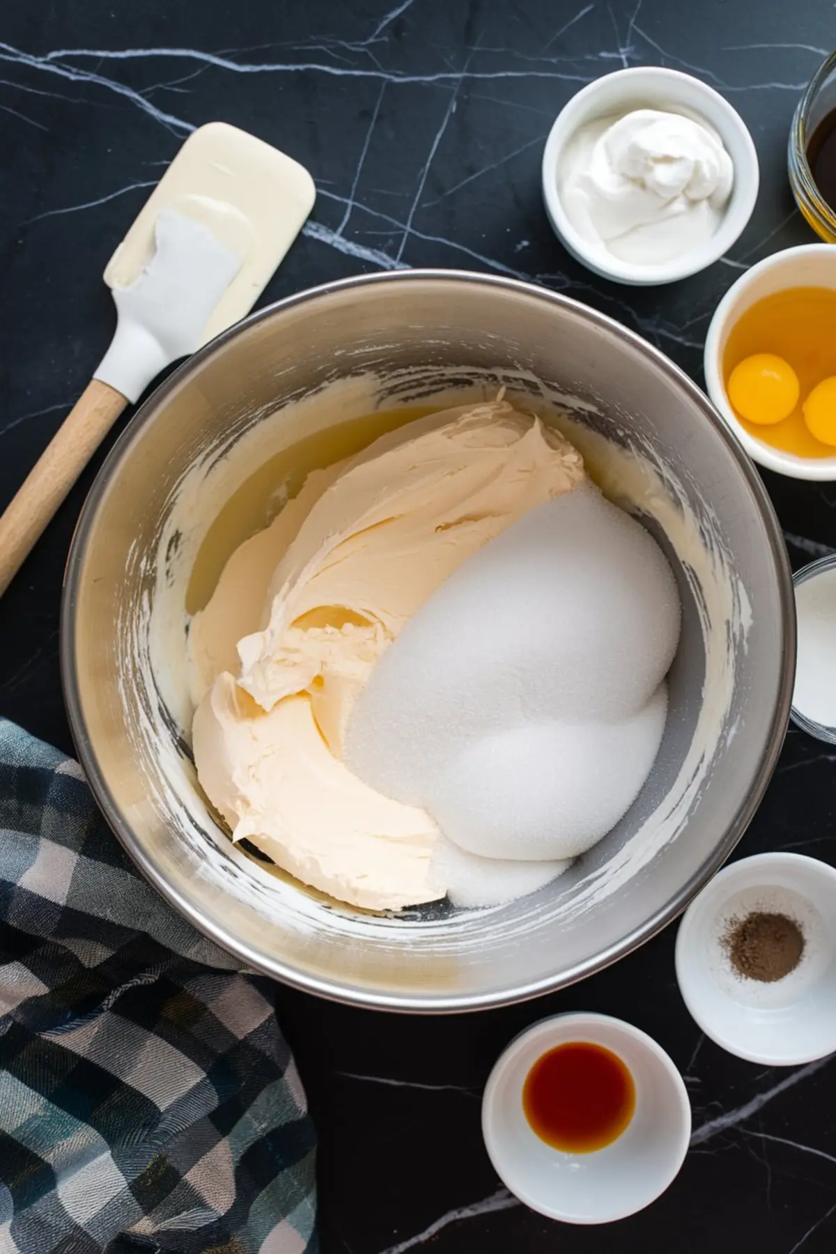 Top view of a mixing bowl with cream cheese and sugar being combined, surrounded by baking essentials such as eggs, sour cream, vanilla, and a rubber spatula on a black marble countertop.
