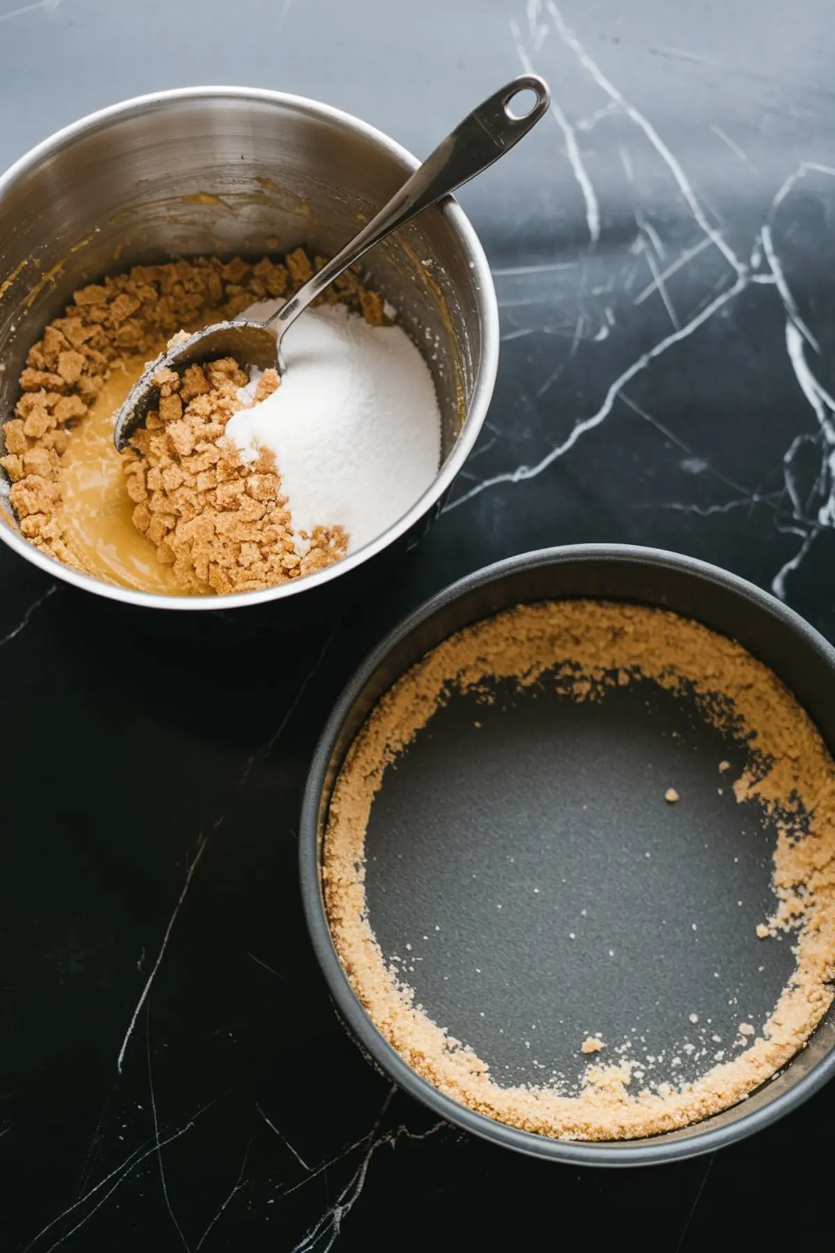 Crushed graham crackers, sugar, and melted butter being stirred in a mixing bowl beside a springform pan partially filled with graham cracker crust on a dark surface.
