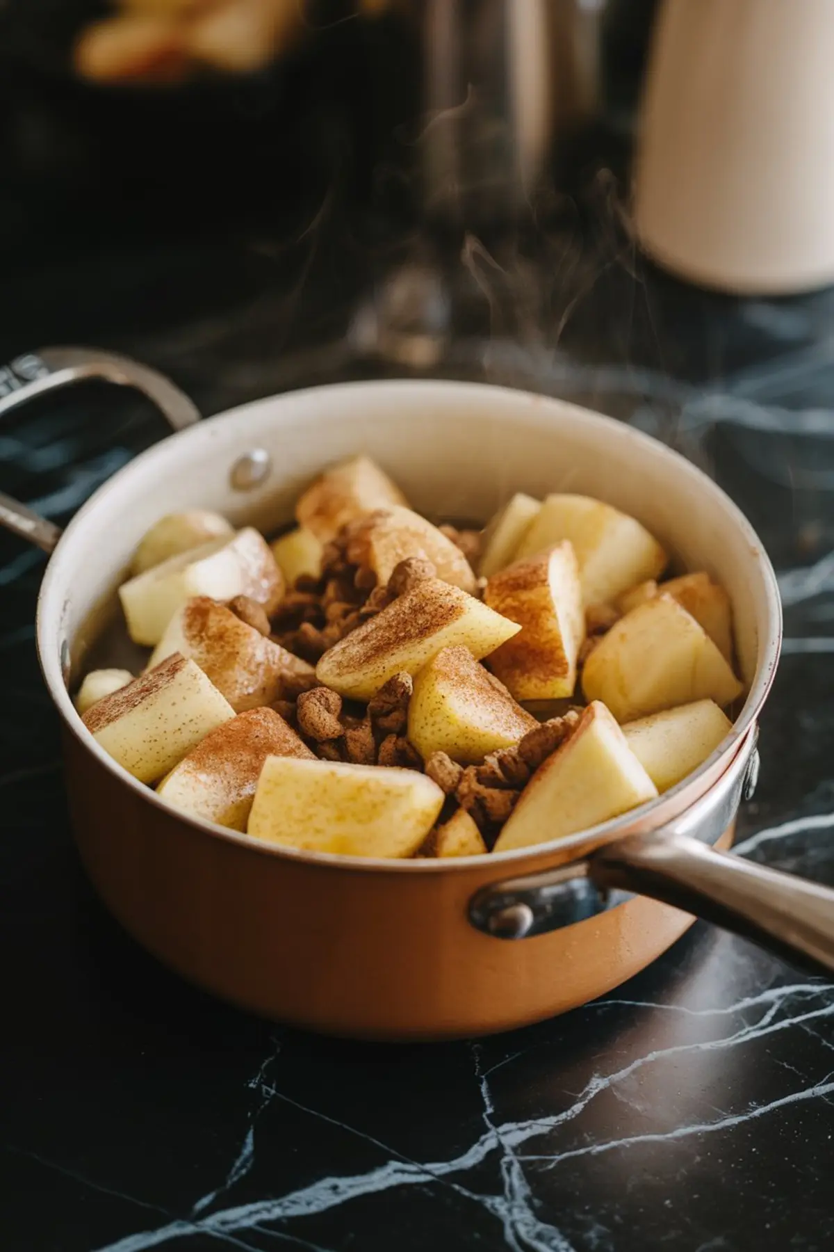 Sliced apples mixed with chopped nuts and dusted with cinnamon in a copper saucepan, gently steaming on a dark marble stovetop.
