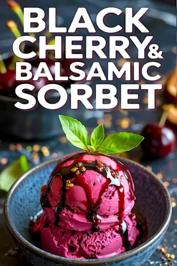 A close-up of two scoops of black cherry balsamic sorbet in a dark ceramic bowl, drizzled with thick balsamic reduction and garnished with a sprig of fresh basil, with text overlay promoting the sorbet.