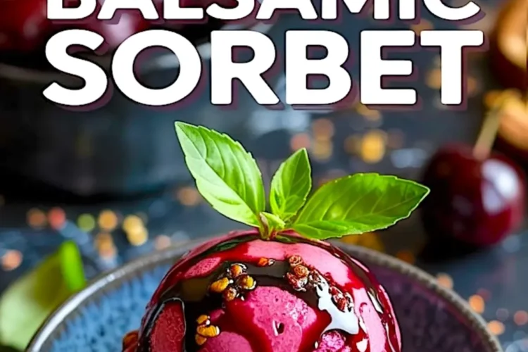 A close-up of two scoops of black cherry balsamic sorbet in a dark ceramic bowl, drizzled with thick balsamic reduction and garnished with a sprig of fresh basil, with text overlay promoting the sorbet.
