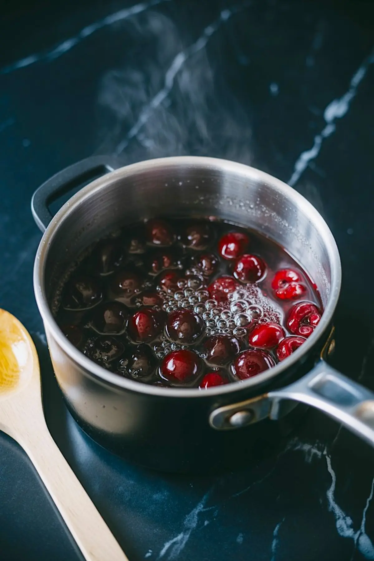 A saucepan with black cherries simmering in liquid on a stovetop, with steam rising and a wooden spoon nearby, illustrating the cooking step of the sorbet preparation.