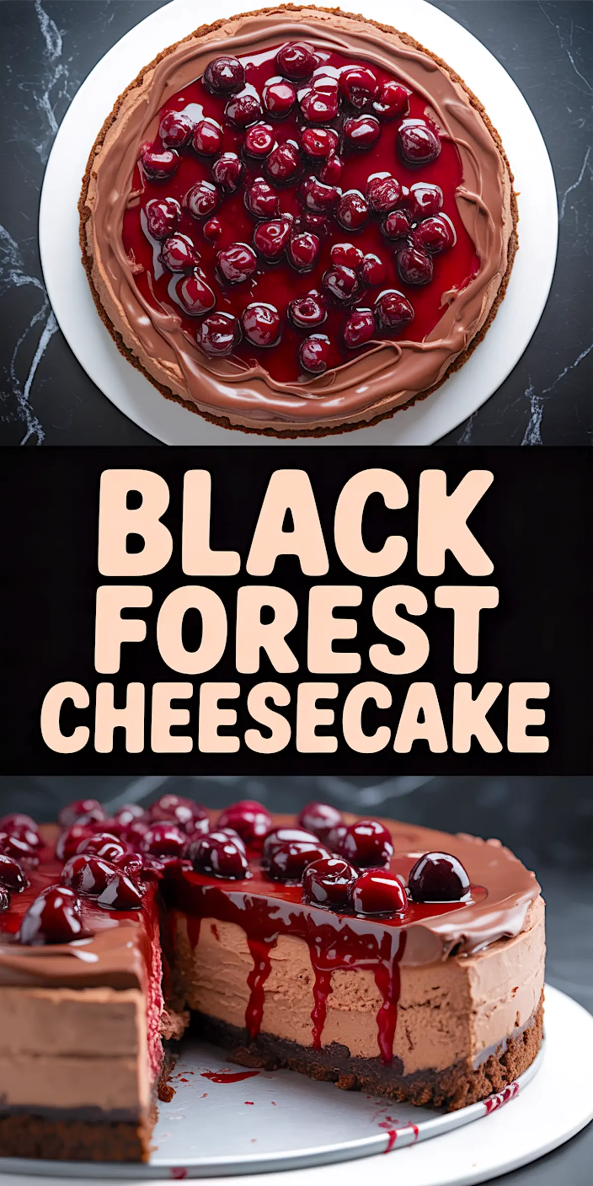 Collage image showing a whole Black Forest cheesecake topped with glossy cherries, a text panel that reads “Black Forest Cheesecake”, and a sliced view of the layered chocolate cheesecake with cherry topping dripping down.