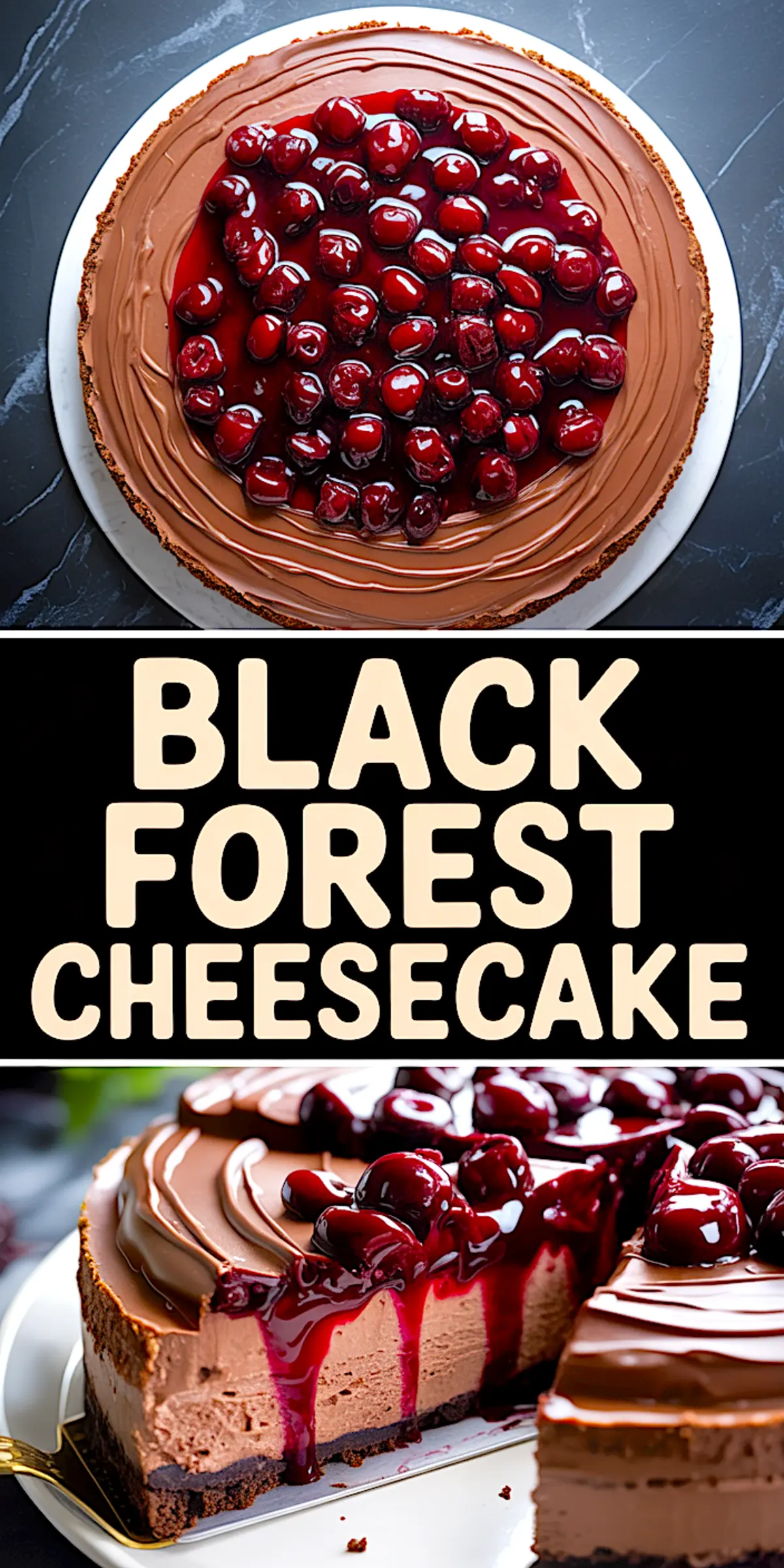 Collage image of a Black Forest cheesecake with smooth chocolate top and cherry compote, “Black Forest Cheesecake” text in bold letters, and a cut view revealing rich chocolate layers and vibrant cherry topping.