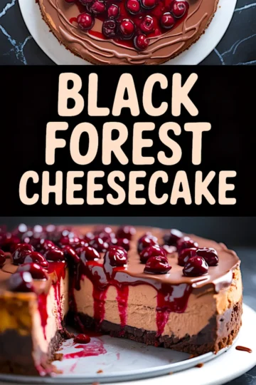Collage image featuring a top view of a Black Forest cheesecake with a shiny cherry topping, bold text reading “Black Forest Cheesecake”, and a close-up of the sliced cheesecake with dripping cherry sauce and layered chocolate filling.