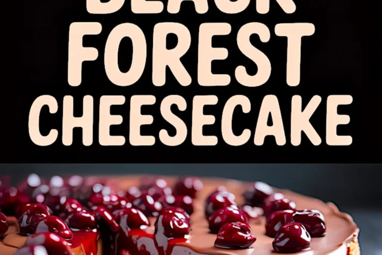 Collage image featuring a top view of a Black Forest cheesecake with a shiny cherry topping, bold text reading “Black Forest Cheesecake”, and a close-up of the sliced cheesecake with dripping cherry sauce and layered chocolate filling.