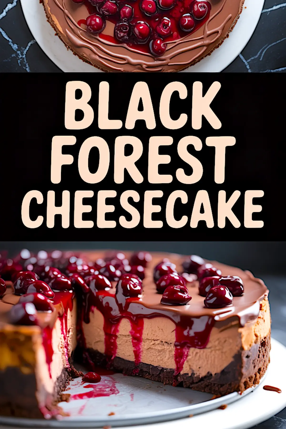 Collage image featuring a top view of a Black Forest cheesecake with a shiny cherry topping, bold text reading “Black Forest Cheesecake”, and a close-up of the sliced cheesecake with dripping cherry sauce and layered chocolate filling.