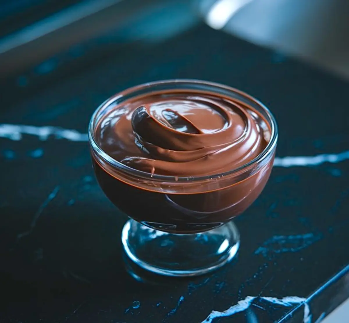 Glass dessert dish filled with rich, glossy chocolate ganache, swirled to showcase a creamy texture, set on a dark marble countertop.
