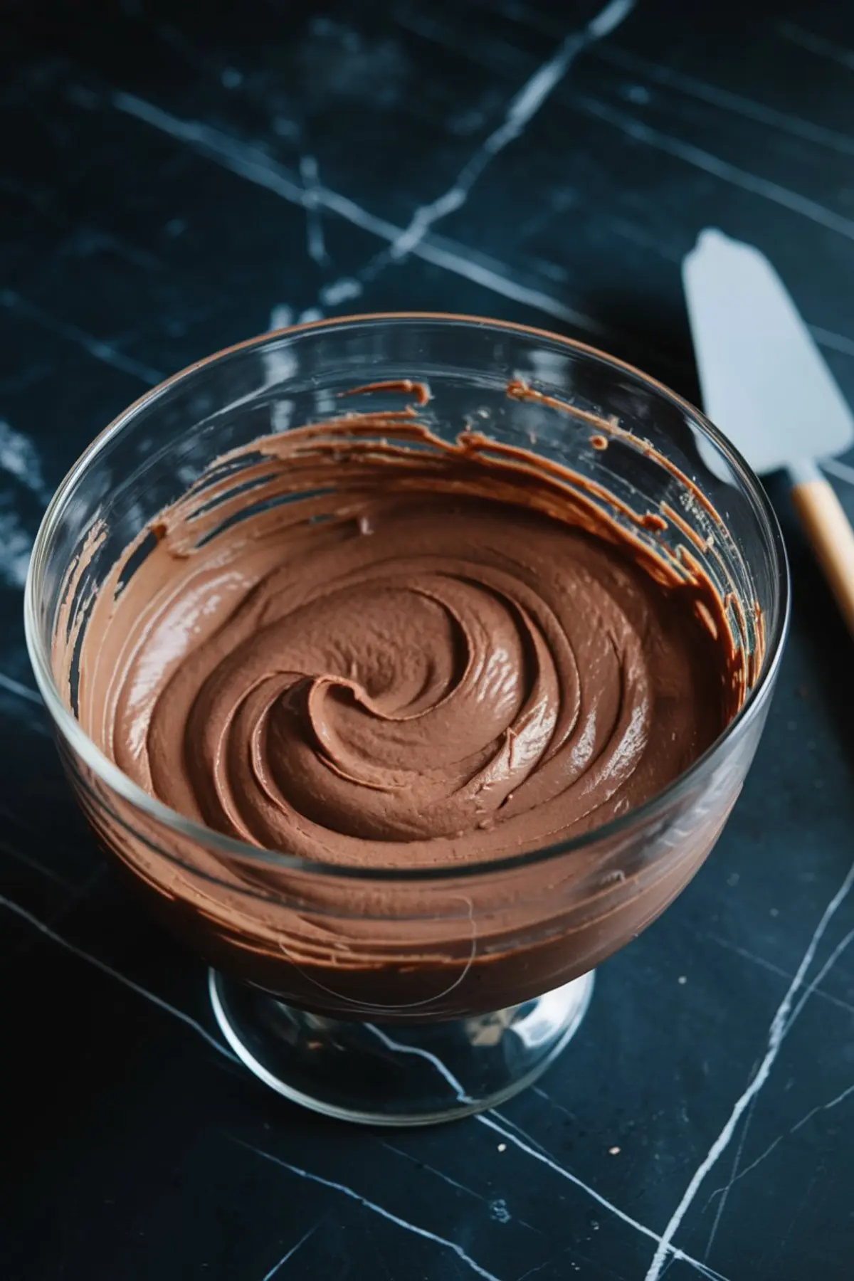 Large glass bowl containing whipped chocolate mousse with visible spatula marks and swirls, placed on a black marble surface with a metal spatula nearby.