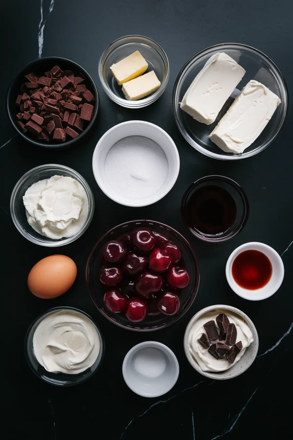 Flat lay of cheesecake ingredients on a dark surface, including chocolate chunks, butter, cream cheese, sour cream, sugar, egg, cherries, and various flavor extracts.