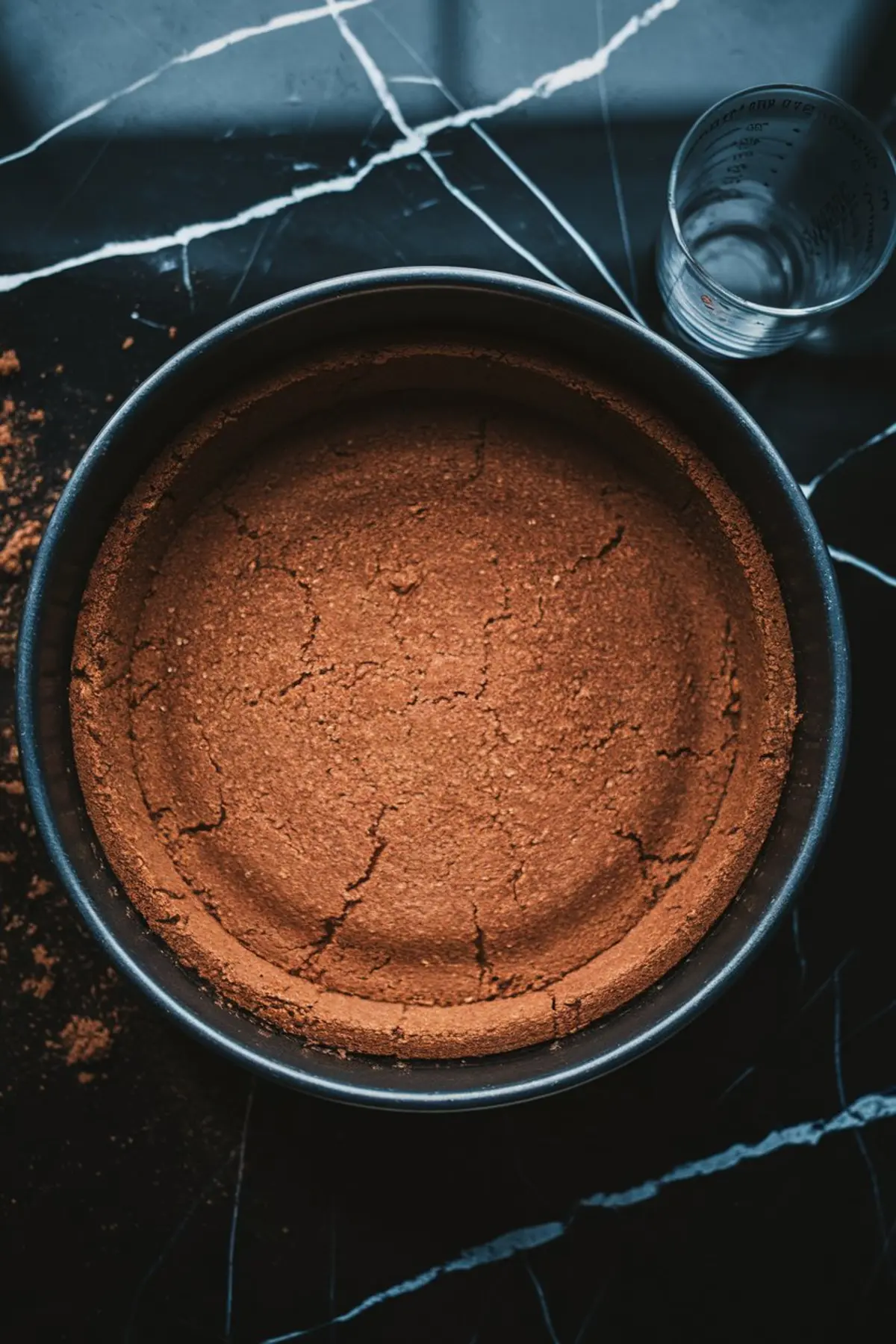 Springform pan with a baked chocolate cookie crust, evenly pressed and cracked slightly, resting on a black marble surface beside a clear measuring cup.