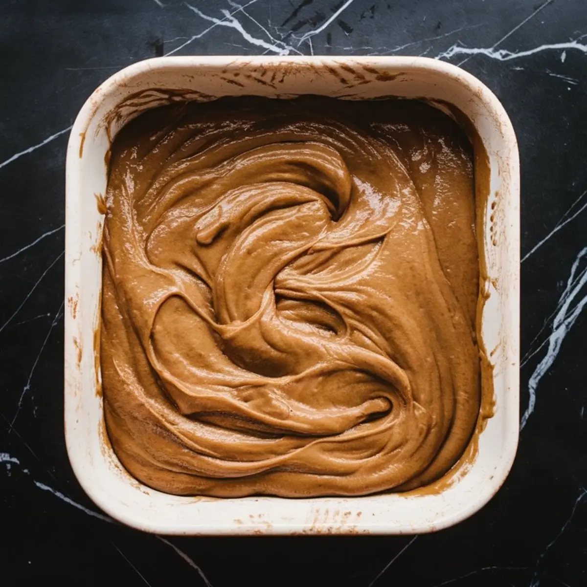 Swirled brown butter mochi batter spread evenly in a square baking dish, ready for baking, set on a dark marble countertop.