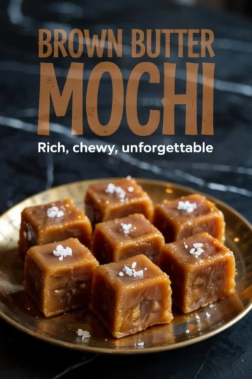 Close-up of golden brown butter mochi cubes topped with flaky sea salt, arranged neatly on a metallic gold plate over a dark marble surface.