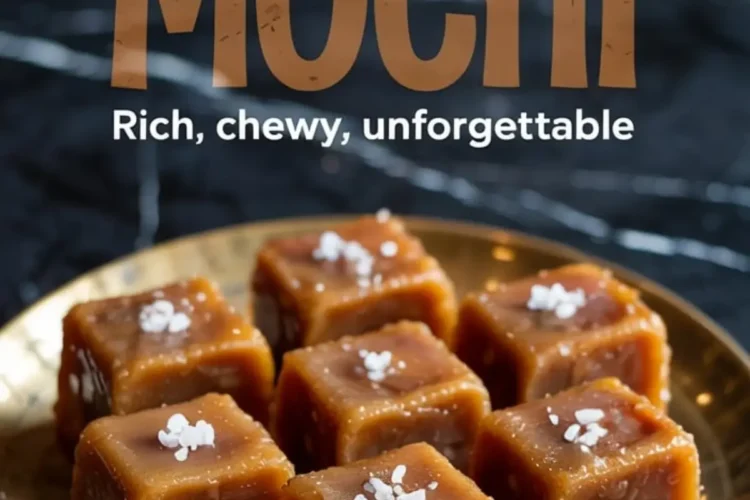 Close-up of golden brown butter mochi cubes topped with flaky sea salt, arranged neatly on a metallic gold plate over a dark marble surface.