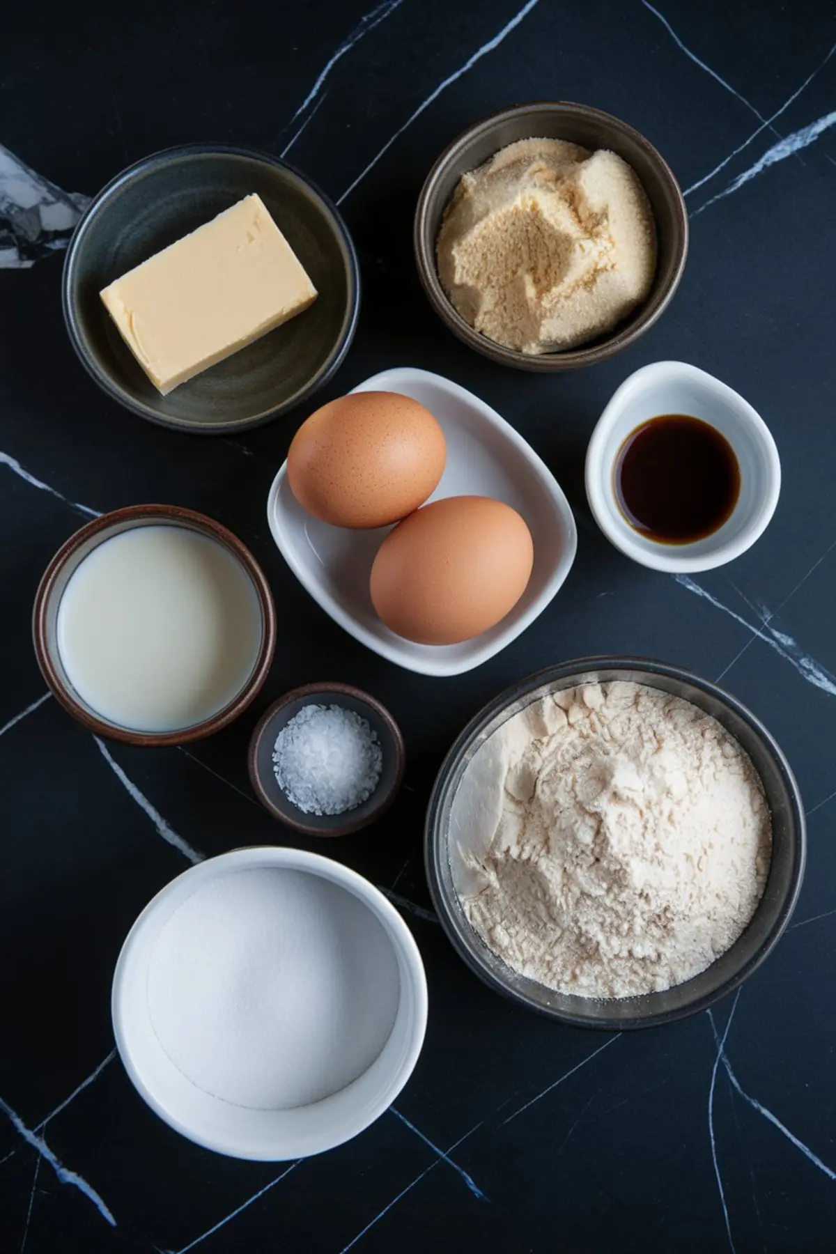 Flat lay of brown butter mochi ingredients including butter, brown sugar, eggs, vanilla extract, milk, sea salt, flour, and white sugar in small ceramic bowls on a dark marble surface.