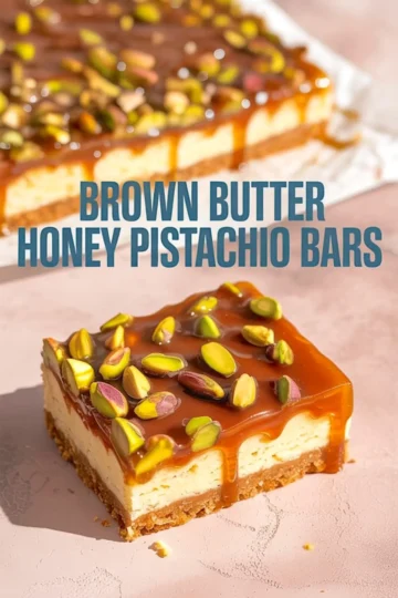 Close-up of brown butter honey pistachio bars with a golden caramel glaze and whole pistachios on top, showcasing the creamy layered filling and crunchy crust.