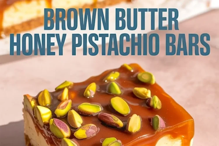 Close-up of brown butter honey pistachio bars with a golden caramel glaze and whole pistachios on top, showcasing the creamy layered filling and crunchy crust.